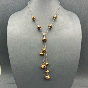 Y Drop Tassel Necklace As Is Faceted Copper Silver Chain Rhinestone Retro Glam